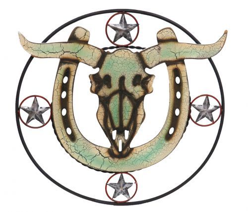 rusted iron hoop with horse shoe and steer skull