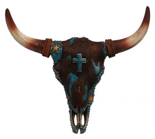 Resin steer skull with turquoise stone cross