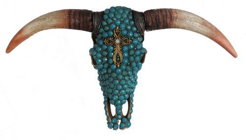 Turquoise stone studded resin steer skull